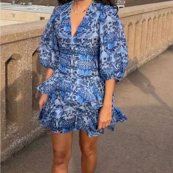 SANDRO PARIS Eyana Yana Scarf Print Blue Fit and Flare Dress Flounce 2 - Picture 3 of 16